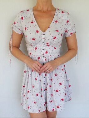 Billabong blue pink floral v-neck short sleeve button mini dress size XS
